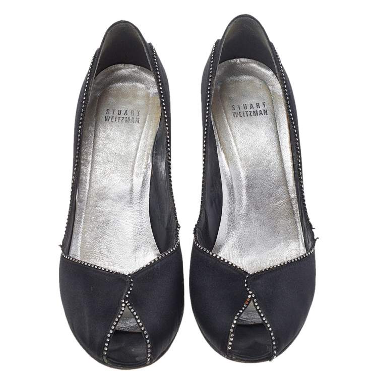 Pre Owned Stuart Weitzman Black Satin Embellished Peep Toe Pumps Size 40