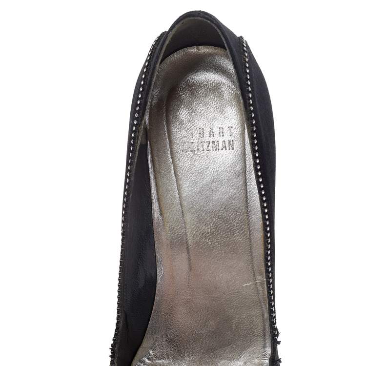 Pre Owned Stuart Weitzman Black Satin Embellished Peep Toe Pumps Size 40