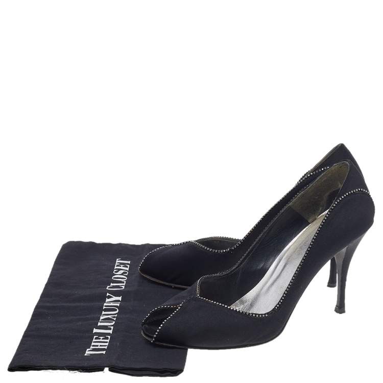 Pre Owned Stuart Weitzman Black Satin Embellished Peep Toe Pumps Size 40
