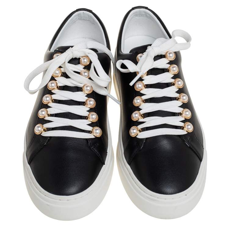 Pre Owned Stuart Weitzman Black Leather Faux Pearl Embellished Low Top Sneakers Size 38.5
