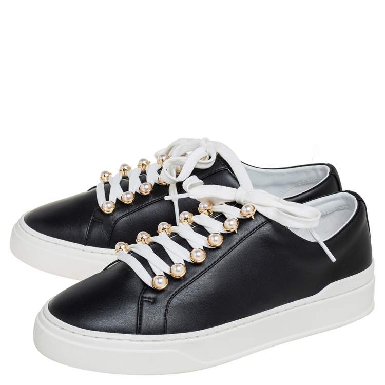 Pre Owned Stuart Weitzman Black Leather Faux Pearl Embellished Low Top Sneakers Size 38.5