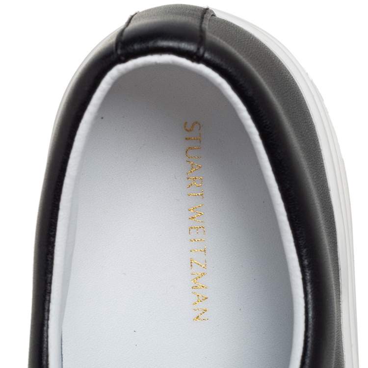 Pre Owned Stuart Weitzman Black Leather Faux Pearl Embellished Low Top Sneakers Size 38.5