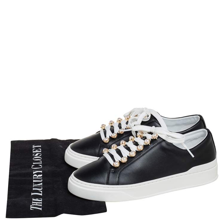 Pre Owned Stuart Weitzman Black Leather Faux Pearl Embellished Low Top Sneakers Size 38.5