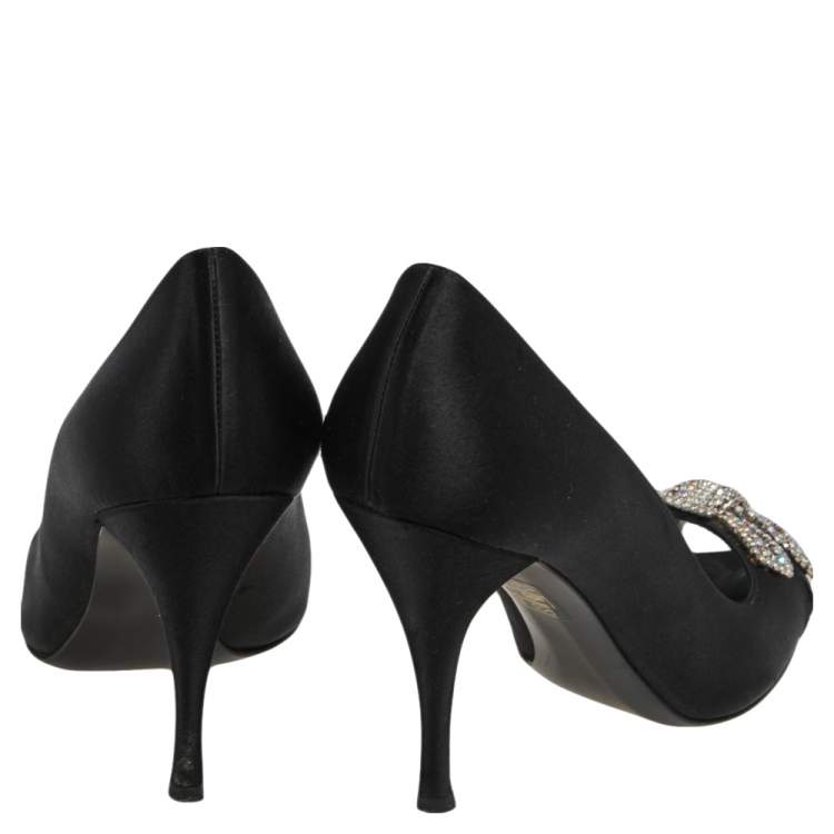 Pre Owned Stuart Weitzman Black Satin Peep Toe Crystal Embellished Pumps Size 38