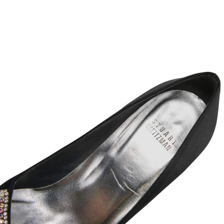 Pre Owned Stuart Weitzman Black Satin Peep Toe Crystal Embellished Pumps Size 38