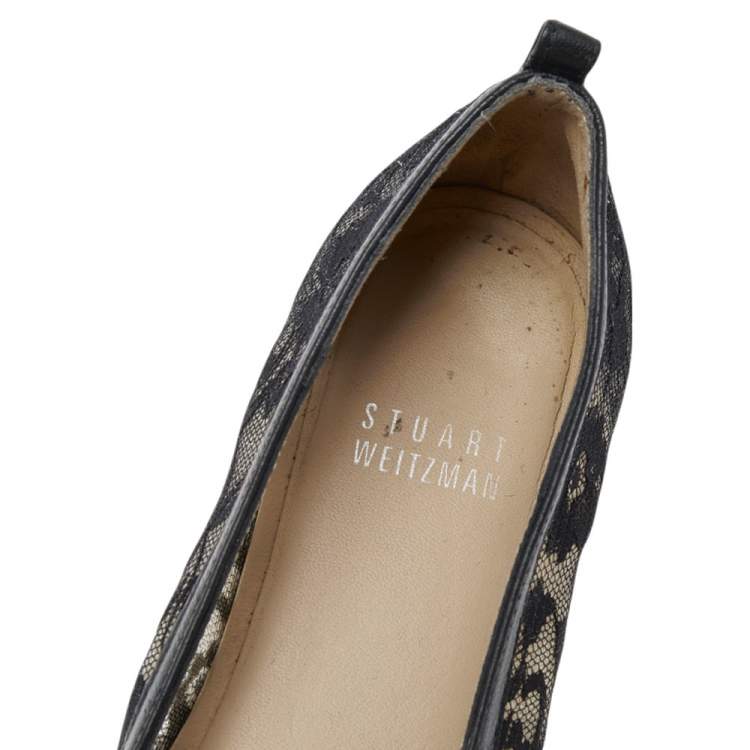 Pre Owned Stuart Weitzman Black Lace and Leather Espadrille Flats Size 37