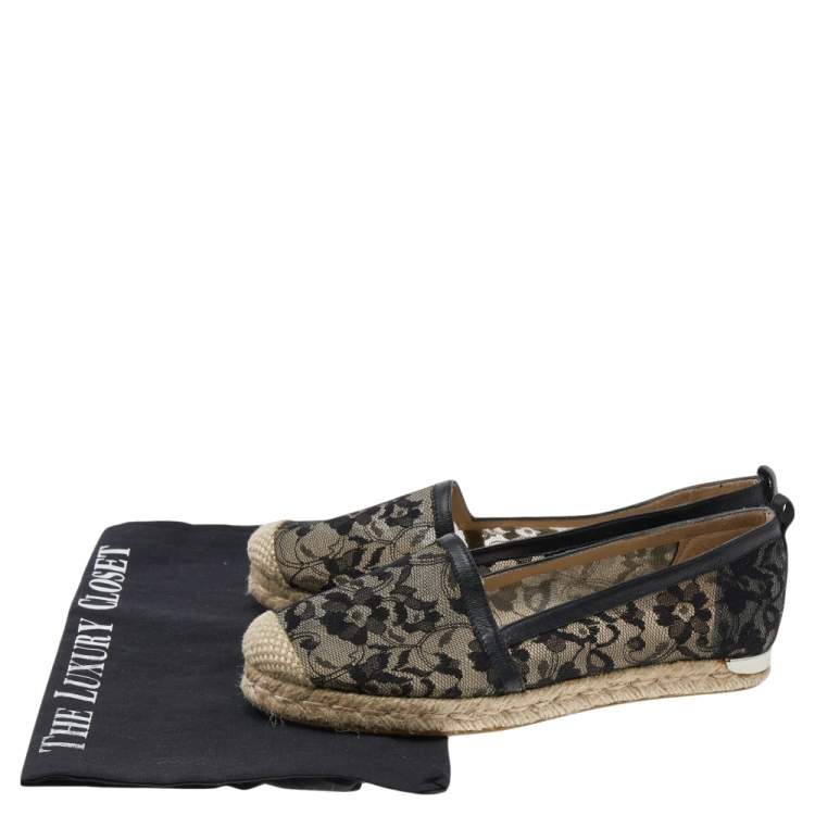 Pre Owned Stuart Weitzman Black Lace and Leather Espadrille Flats Size 37