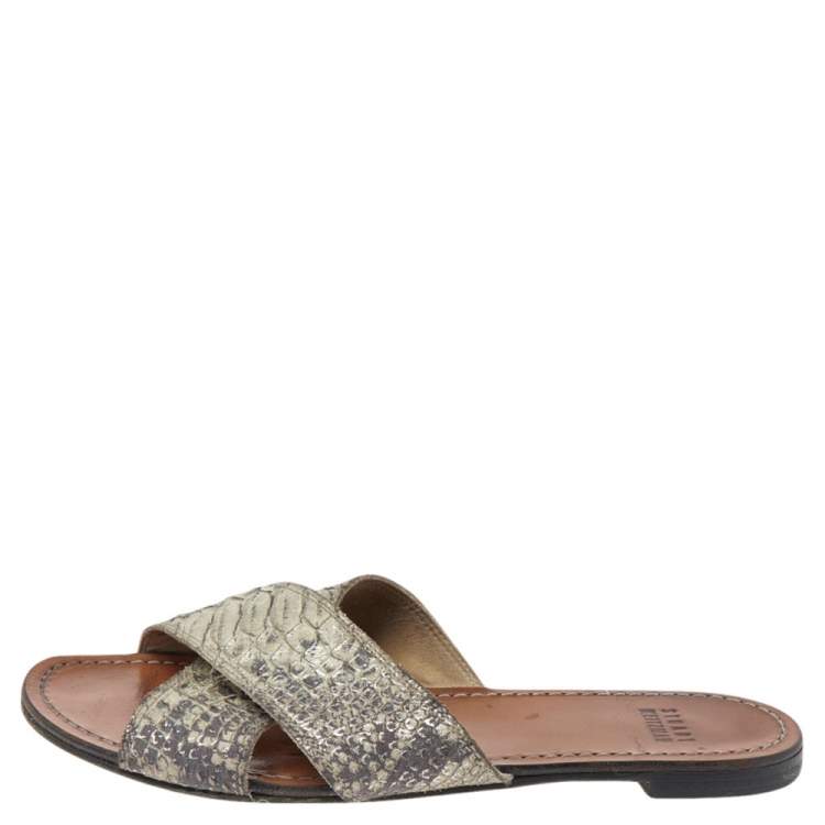 Pre Owned Stuart Weitzman Grey Snakeskin Embossed Leather Slide Sandals Size 36