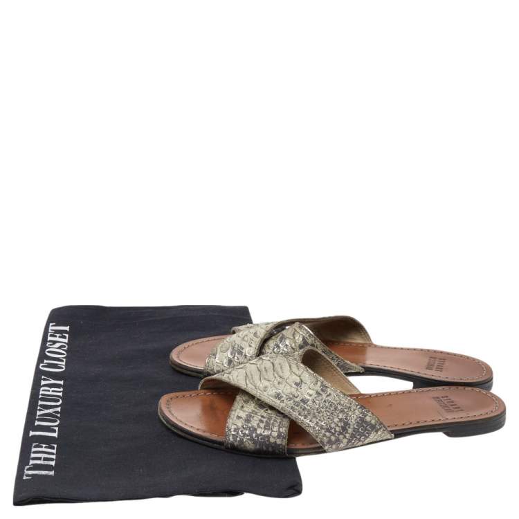 Pre Owned Stuart Weitzman Grey Snakeskin Embossed Leather Slide Sandals Size 36