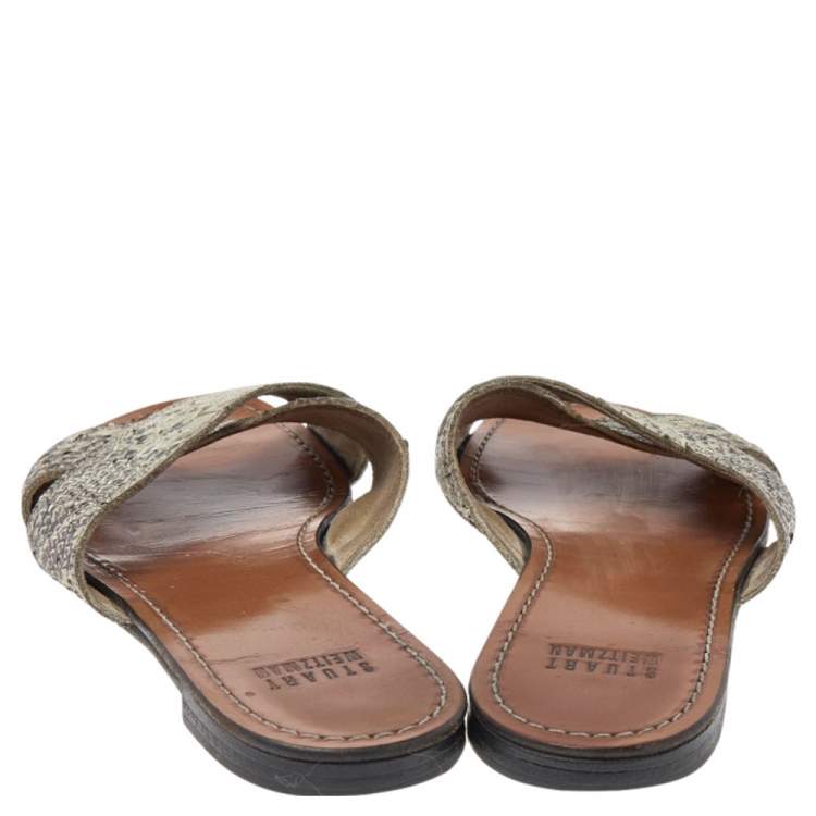 Pre Owned Stuart Weitzman Grey Snakeskin Embossed Leather Slide Sandals Size 36