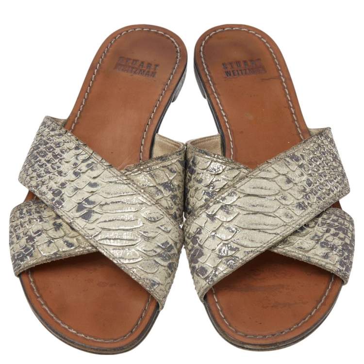 Pre Owned Stuart Weitzman Grey Snakeskin Embossed Leather Slide Sandals Size 36