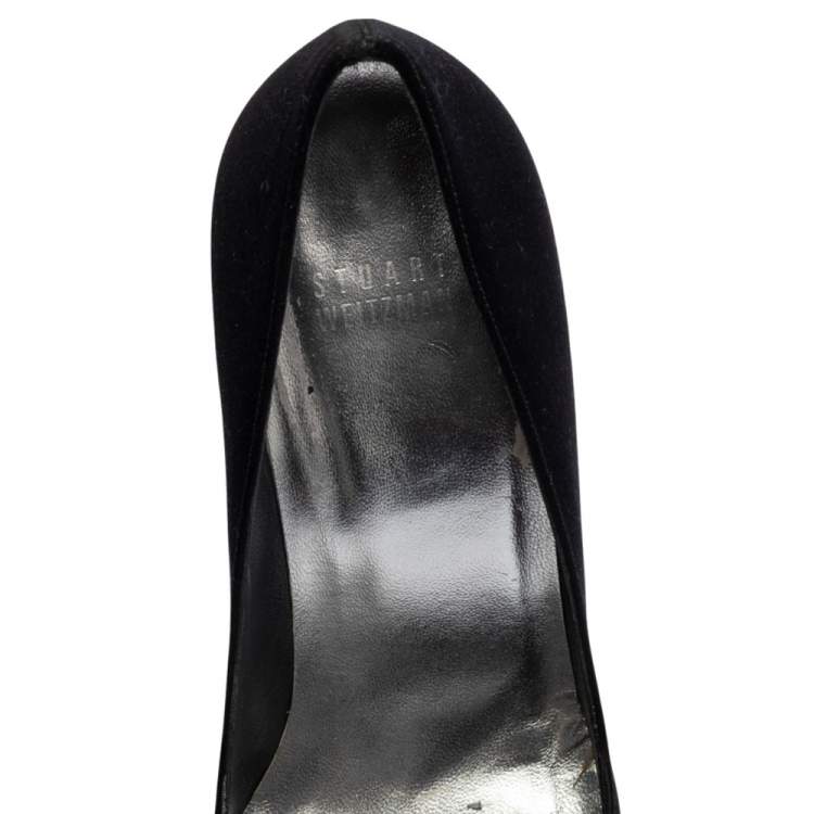 Pre Owned Stuart Weitzman Black Satin Crystal Embellished Bow Peep Toe Pumps Size 38