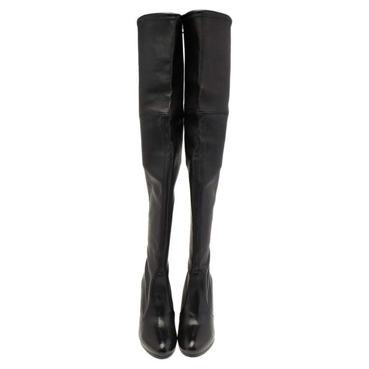 Pre Owned Stuart Weitzman Black Leather Over The Knee Length Boots Size 36.5