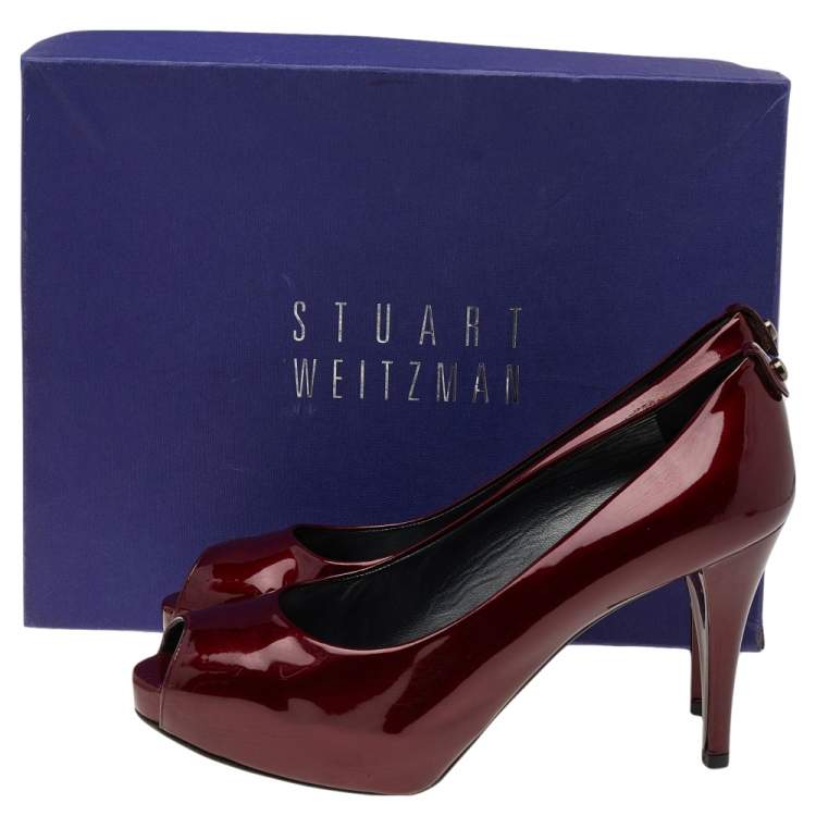 Pre Owned Stuart Weitzman Red Patent Leather Sierra Peep Toe Platform Pumps Size 39.5 