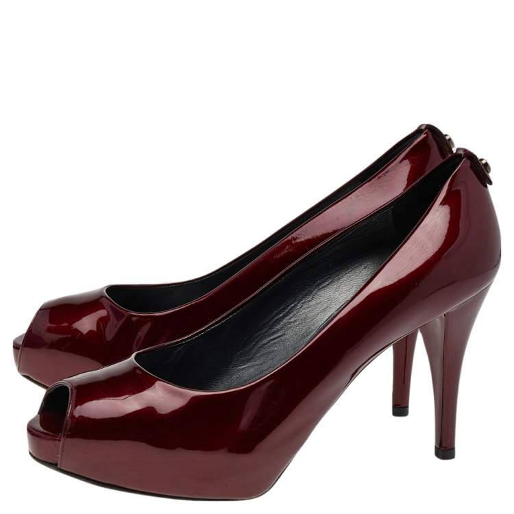 Pre Owned Stuart Weitzman Red Patent Leather Sierra Peep Toe Platform Pumps Size 39.5 