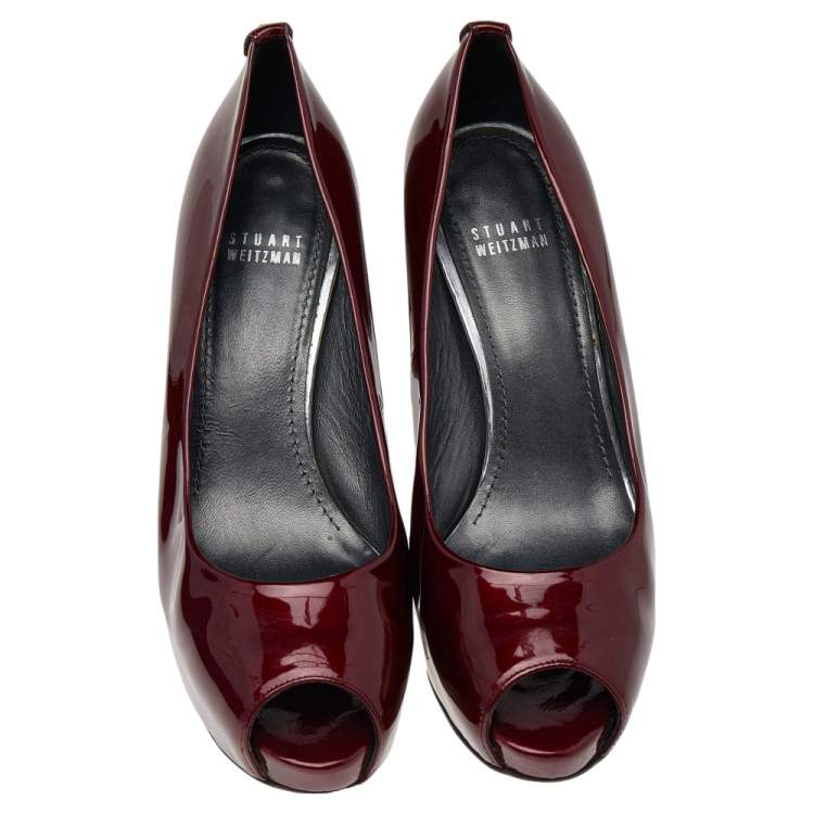 Pre Owned Stuart Weitzman Red Patent Leather Sierra Peep Toe Platform Pumps Size 39.5 