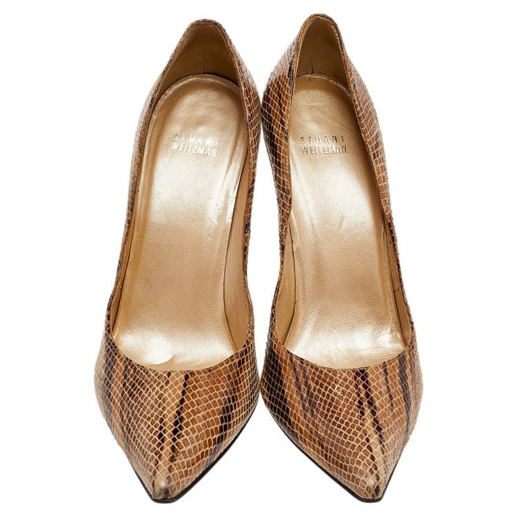Pre Owned Stuart Weitzman Brown Python Embossed Leather Pointed Toe Pumps Size 41