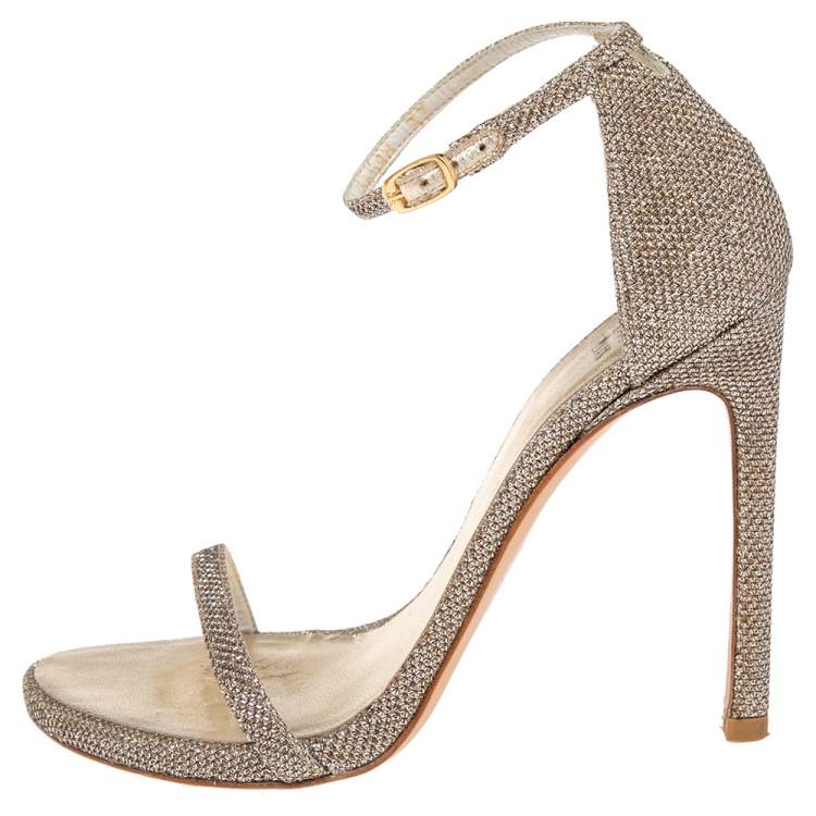 Pre Owned Stuart Weitzman Gold/Silver Metallic Lurex Fabric Nudist Ankle Strap Sandals Size 37