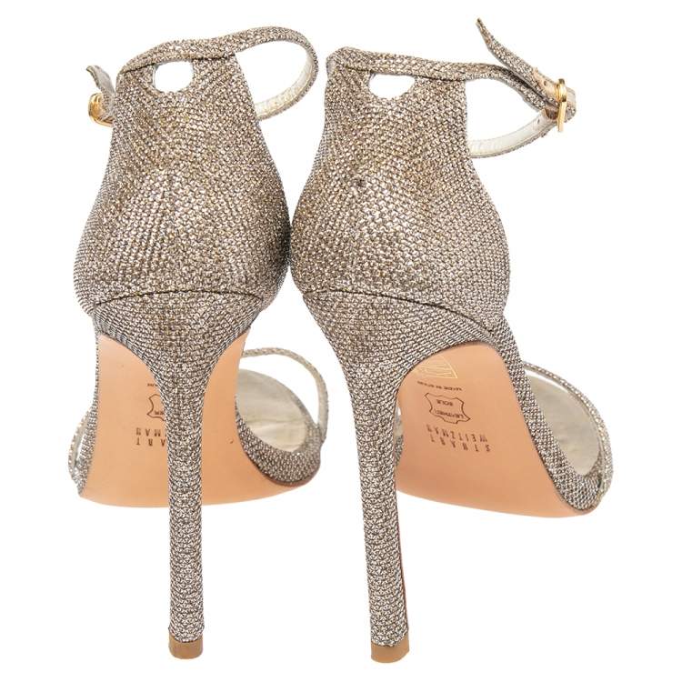 Pre Owned Stuart Weitzman Gold/Silver Metallic Lurex Fabric Nudist Ankle Strap Sandals Size 37