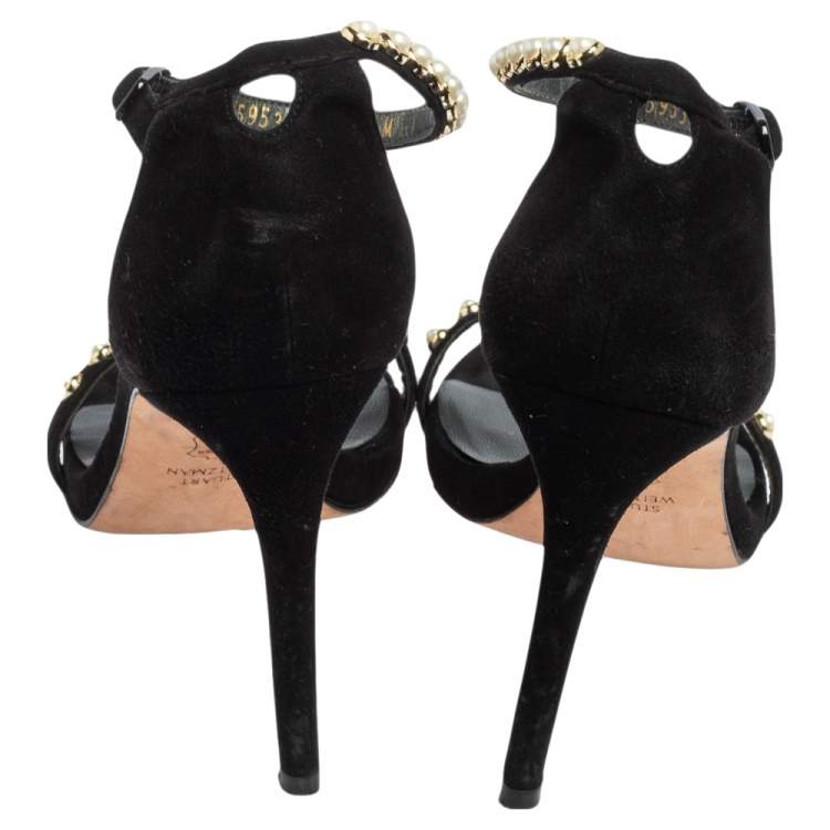 Pre Owned Stuart Weitzman Black Suede Faux Pearl Embellished Nudist Sandals Size 37.5