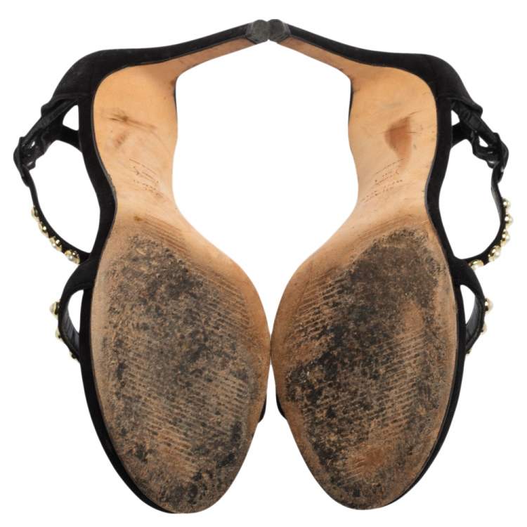 Pre Owned Stuart Weitzman Black Suede Faux Pearl Embellished Nudist Sandals Size 37.5