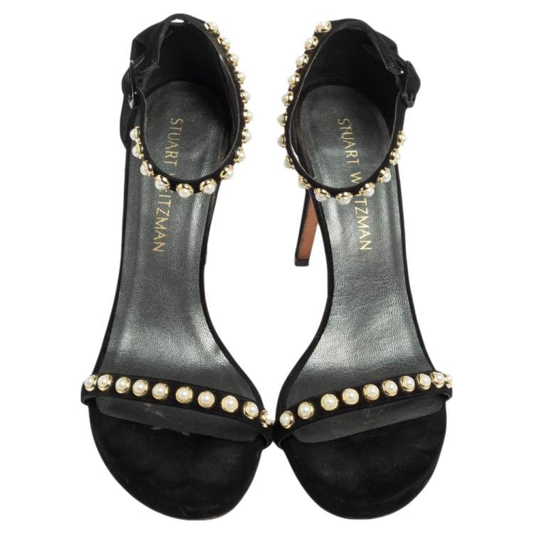 Pre Owned Stuart Weitzman Black Suede Faux Pearl Embellished Nudist Sandals Size 37.5