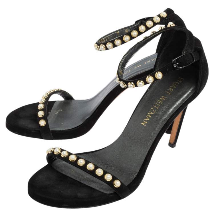 Pre Owned Stuart Weitzman Black Suede Faux Pearl Embellished Nudist Sandals Size 37.5