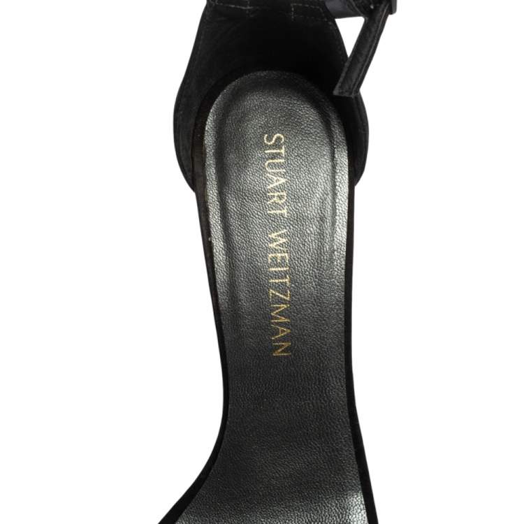 Pre Owned Stuart Weitzman Black Suede Faux Pearl Embellished Nudist Sandals Size 37.5