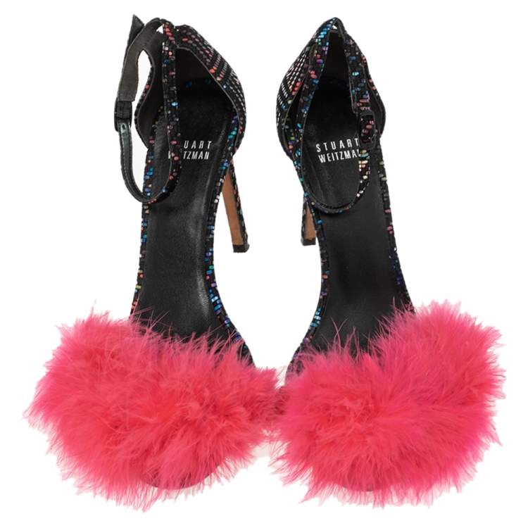 مملوكة مسبقًا Stuart Weitzman Multicolor Textured Suede Fur Detail Ankle Strap Sandals Size 38.5