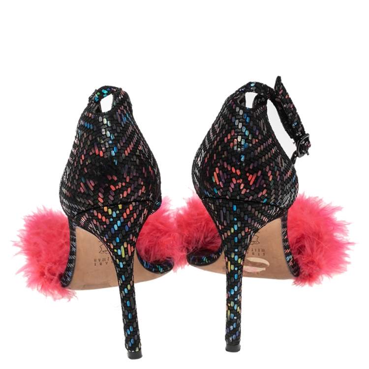 مملوكة مسبقًا Stuart Weitzman Multicolor Textured Suede Fur Detail Ankle Strap Sandals Size 38.5