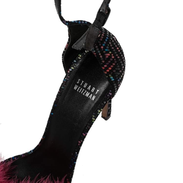 مملوكة مسبقًا Stuart Weitzman Multicolor Textured Suede Fur Detail Ankle Strap Sandals Size 38.5