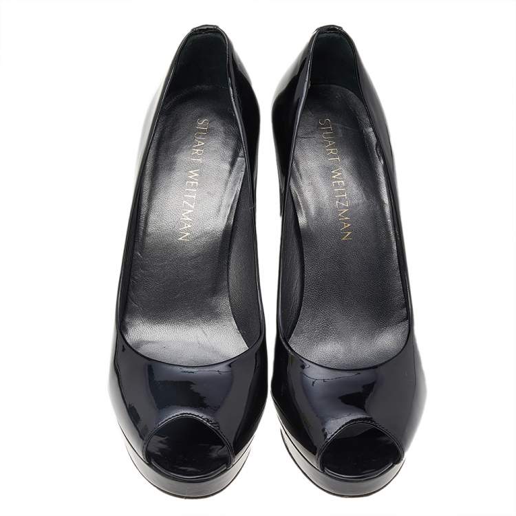 Pre Owned Stuart Weitzman Black Patent Leather Platform Peep Toe Pumps Size 38