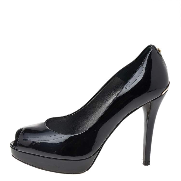 Pre Owned Stuart Weitzman Black Patent Leather Platform Peep Toe Pumps Size 38