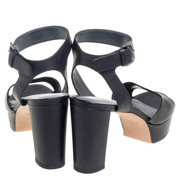 Pre Owned Stuart Weitzman Black Leather Platform Ankle Strap Sandals Size 40