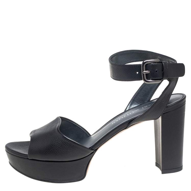 Pre Owned Stuart Weitzman Black Leather Platform Ankle Strap Sandals Size 40