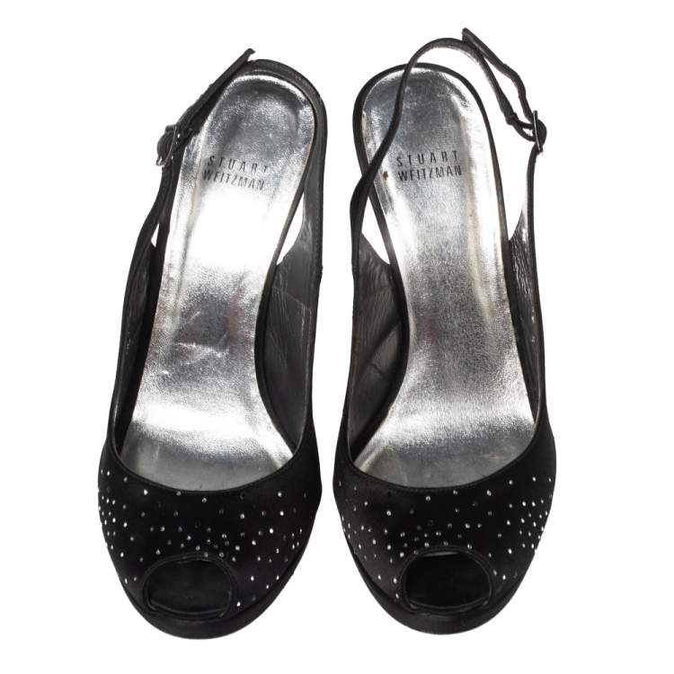 Pre Owned Stuart Weitzman Black Satin  Peep Toe Slingback Sandals Size 39.5