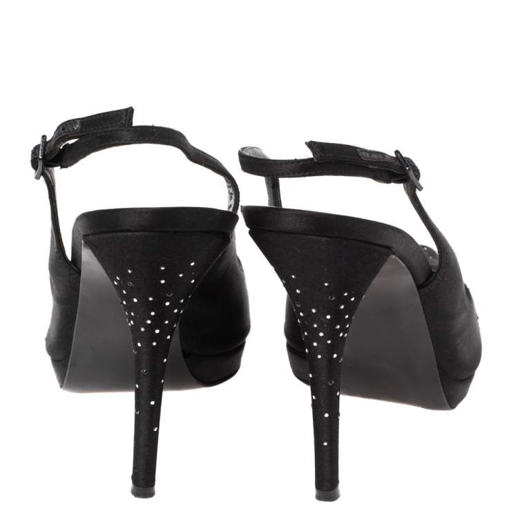Pre Owned Stuart Weitzman Black Satin  Peep Toe Slingback Sandals Size 39.5