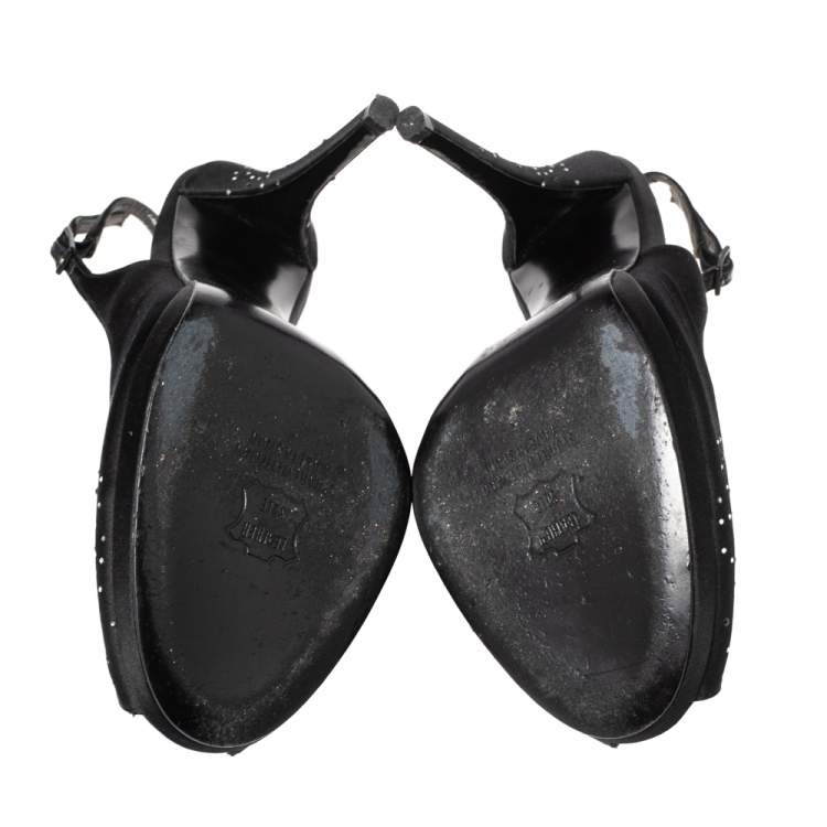 Pre Owned Stuart Weitzman Black Satin  Peep Toe Slingback Sandals Size 39.5
