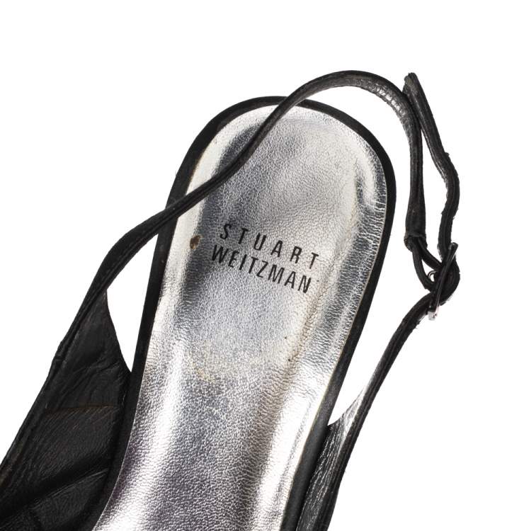 Pre Owned Stuart Weitzman Black Satin  Peep Toe Slingback Sandals Size 39.5