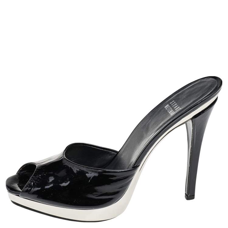 Pre Owned Stuart Weitzman Black Patent Leather Platform Slide Sandals Size 39