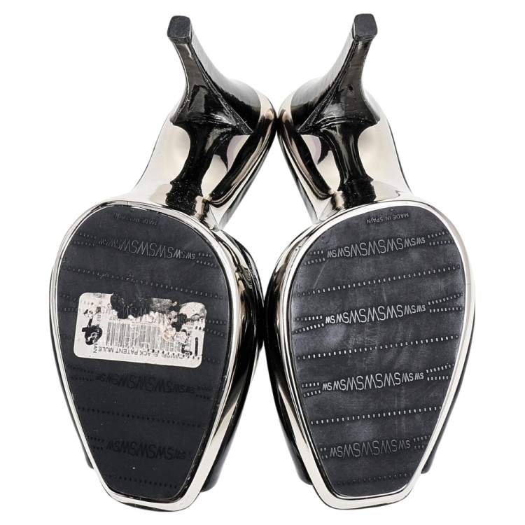 Pre Owned Stuart Weitzman Black Patent Leather Platform Slide Sandals Size 39