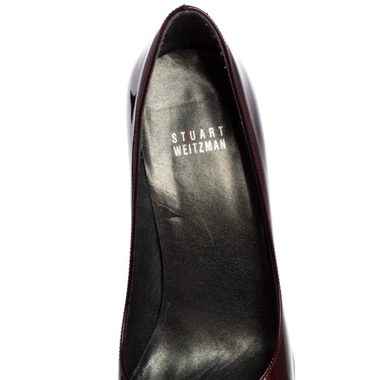 Pre Owned Stuart Weitzman Burgundy Patent Leather Peep Toe Bow Pumps Size 38
