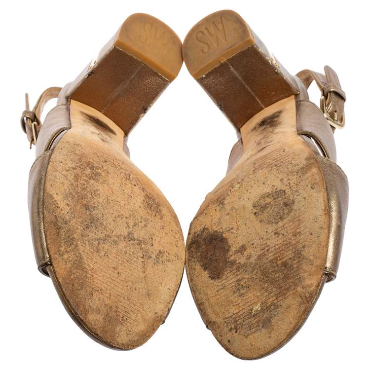 Pre Owned Stuart Weitzman Metallic Gold Leather Block Heel Slingback Sandals Size 39