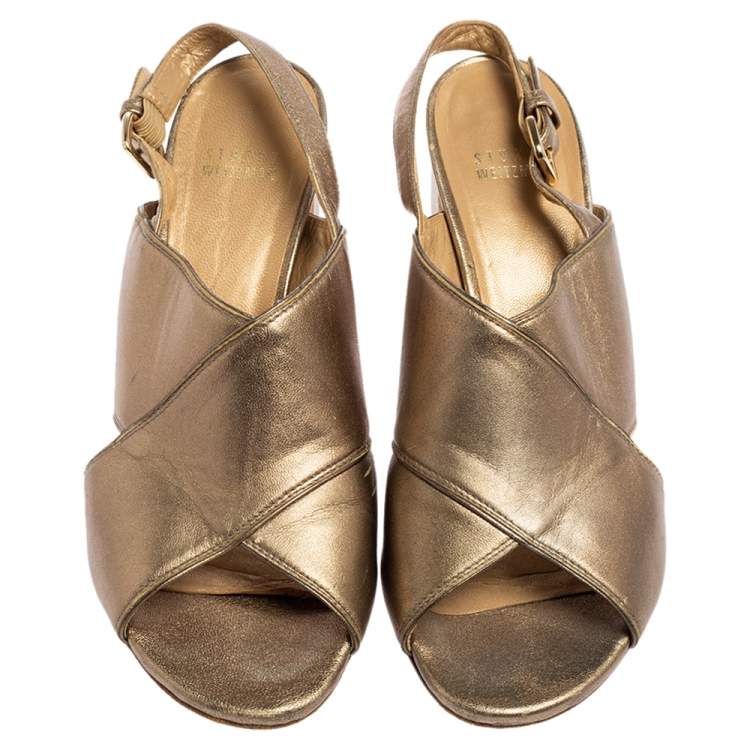Pre Owned Stuart Weitzman Metallic Gold Leather Block Heel Slingback Sandals Size 39