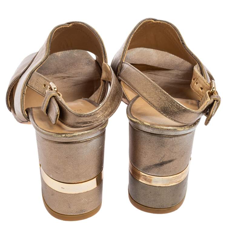 Pre Owned Stuart Weitzman Metallic Gold Leather Block Heel Slingback Sandals Size 39
