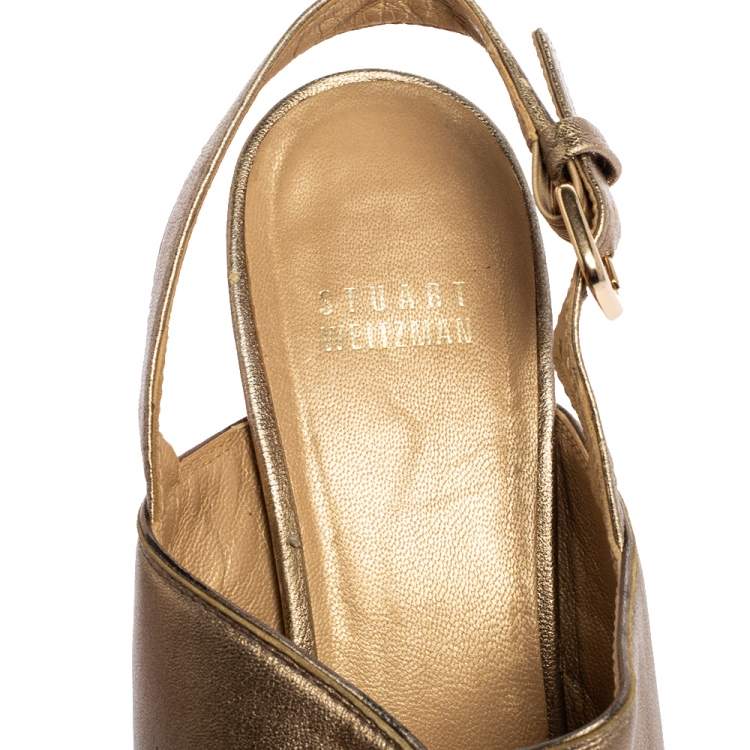 Pre Owned Stuart Weitzman Metallic Gold Leather Block Heel Slingback Sandals Size 39
