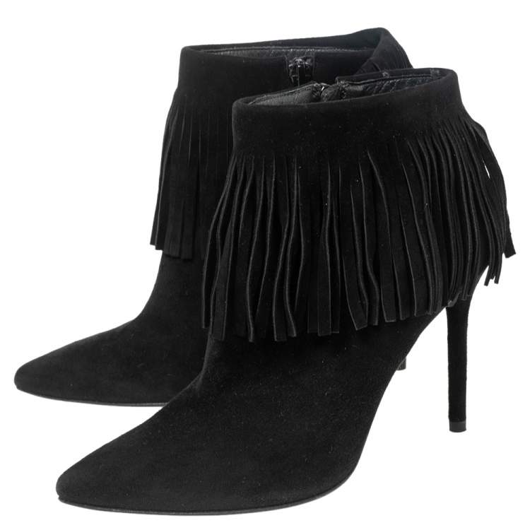 Pre Owned Stuart Weitzman Black Suede Fringed Ankle Boots Size 36.5