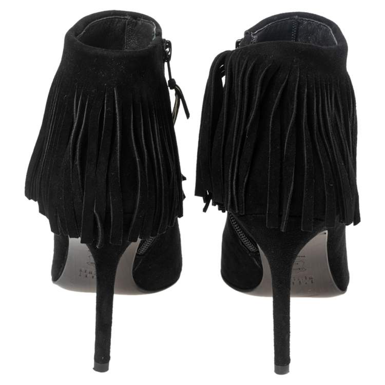 Pre Owned Stuart Weitzman Black Suede Fringed Ankle Boots Size 36.5