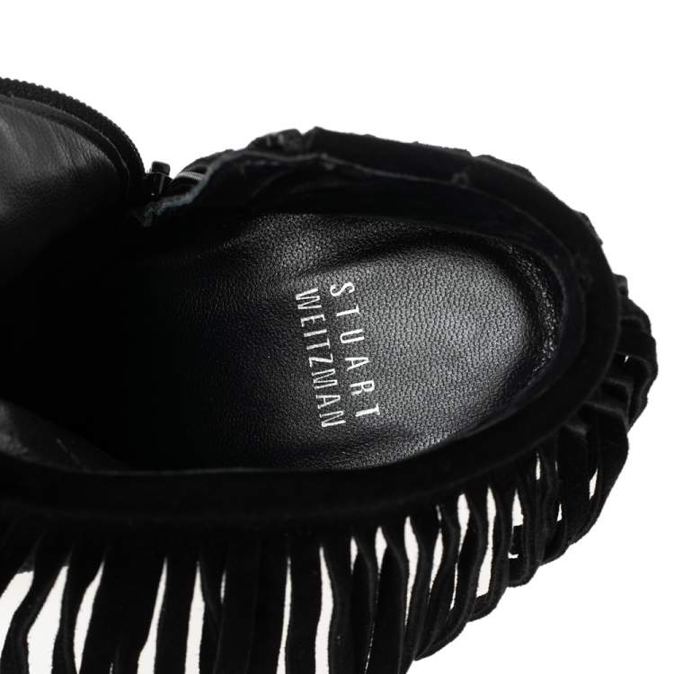 Pre Owned Stuart Weitzman Black Suede Fringed Ankle Boots Size 36.5