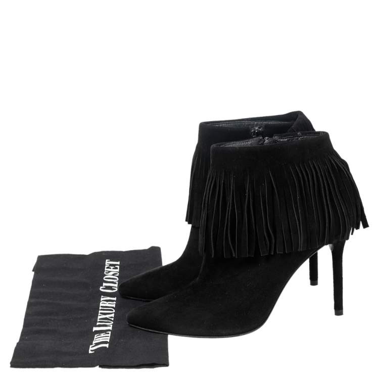 Pre Owned Stuart Weitzman Black Suede Fringed Ankle Boots Size 36.5